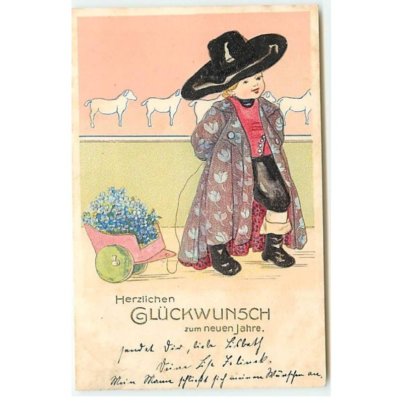 n°22835 - Carte Gaufrée - Enfant tirant une petite charette remplie de myosotis