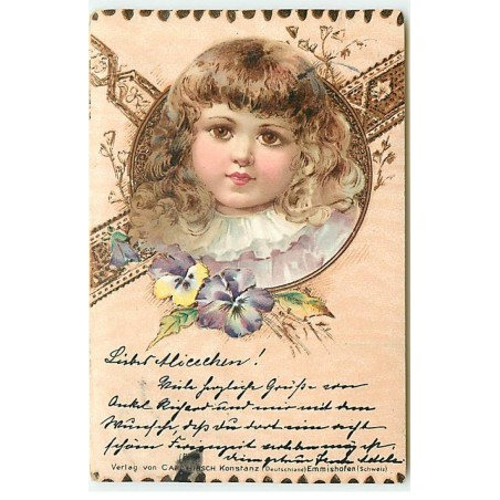 n°22836 - Style Brundage, Clapsaddle - Fillette dans un médaillon avec des pensées