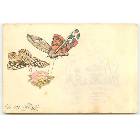 n°22842 - Carte Gaufrée - Animaux - 2 Papilllons portant des fleurs