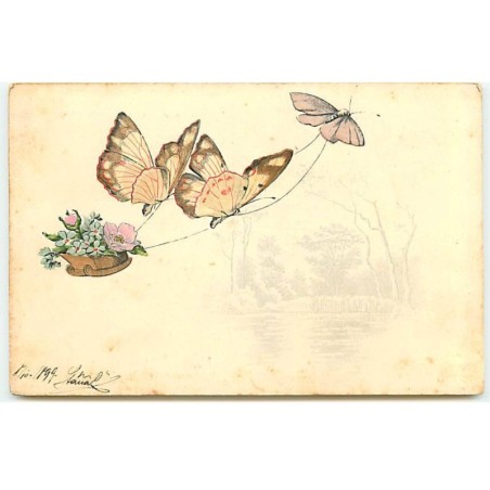 n°22843 - Carte Gaufrée - Animaux - 3 Papilllons portant des fleurs