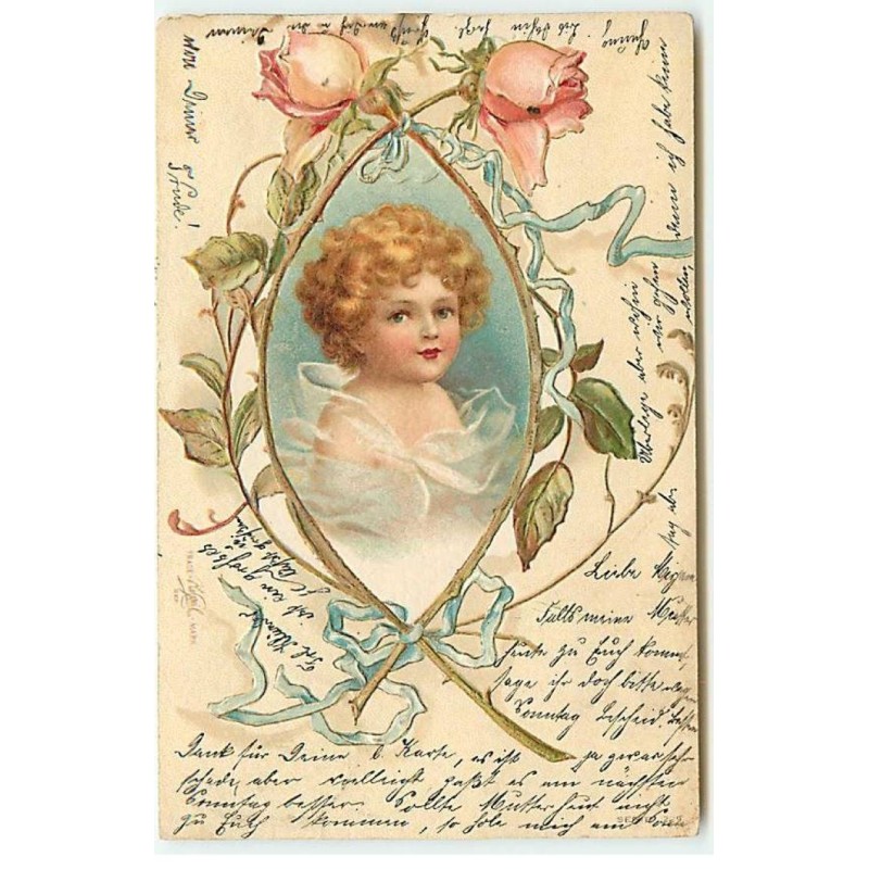 n°22847 - Carte Gaufrée - Clapsaddle - Enfant dans un médaillon fait de roses