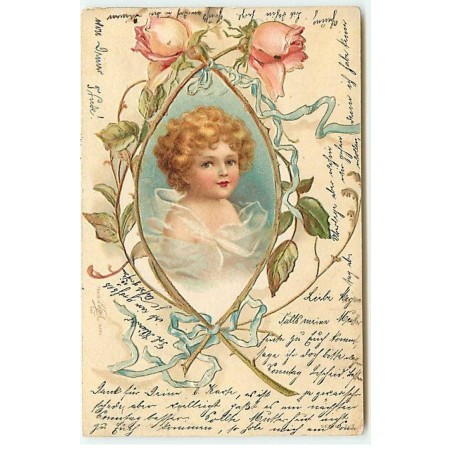n°22847 - Carte Gaufrée - Clapsaddle - Enfant dans un médaillon fait de roses