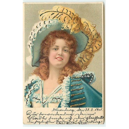 n°22853 - Paillettes - Jeune femme portant un grand chapeau avec une plume