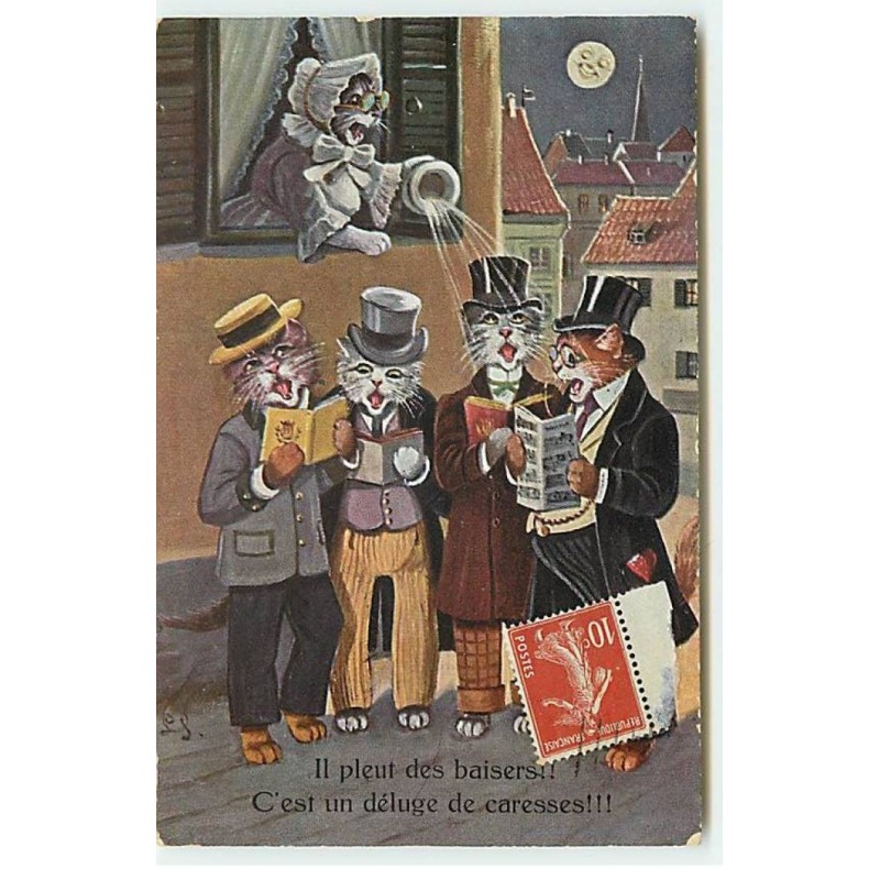 n°22859 - Fantaisie - Chats habillés - Il pleut des baisers !! C'est un déluge de caresses !!