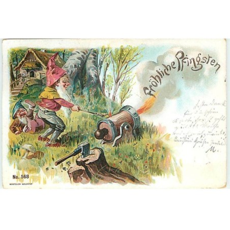 n°22861 - Pentecôte - Fröhliche Pfingsten - Lutins allumant un canon