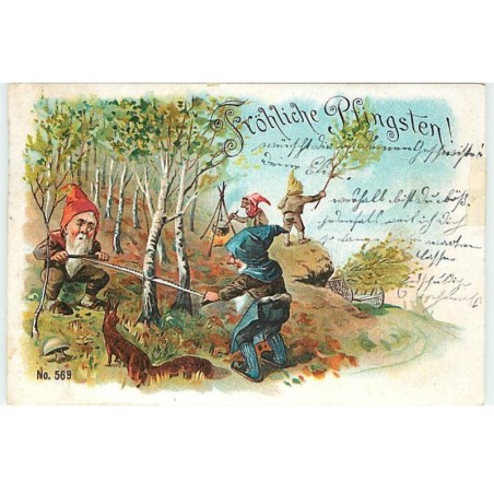 n°22862 - Pentecôte - Fröhliche Pfingsten - Lutins coupant des arbres - Ecureuil