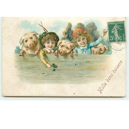 n°11542 - Carte Fantaisie Gaufrée - Mille bons baisers - Enfants et Cochons