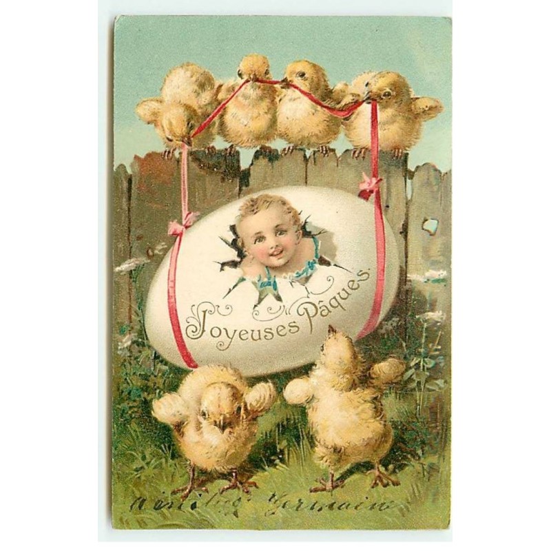 n°22863 - Joyeuses Pâques - Poussins portant un bébé sortant d'un oeuf