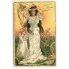 n°22864 - Carte Gaufrée - Art Nouveau - Joyeuses Pâques - Fillette près d'une femme regardant au loin