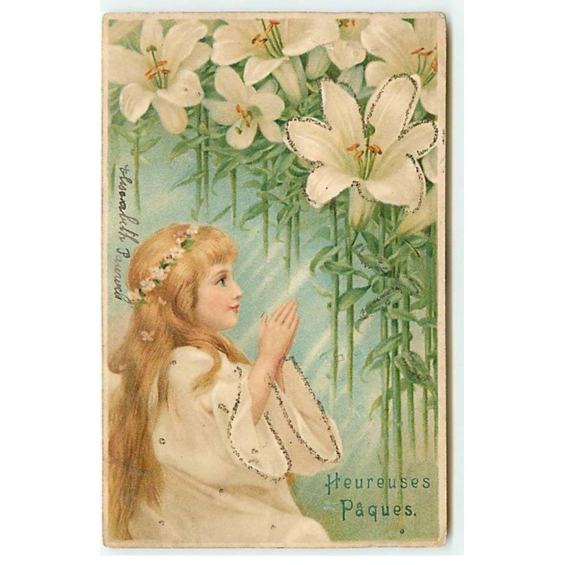 n°22866 - Heureuses Pâques - Fillette priant près de lys
