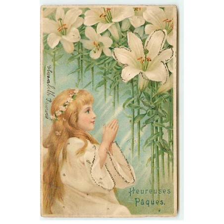 n°22866 - Heureuses Pâques - Fillette priant près de lys