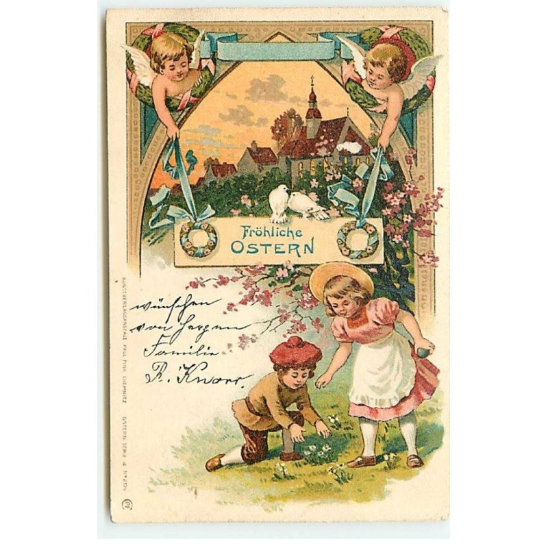 n°22867 - Pâques - Fröhliche Ostern - Anges veillant sur des enfants dans un pré