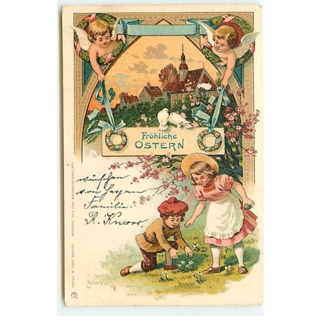 n°22867 - Pâques - Fröhliche Ostern - Anges veillant sur des enfants dans un pré