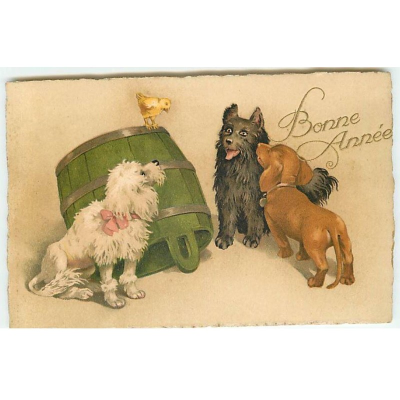 n°22869 - Bonne Année - Chiens regardant un poussin sur une barrique - Teckel