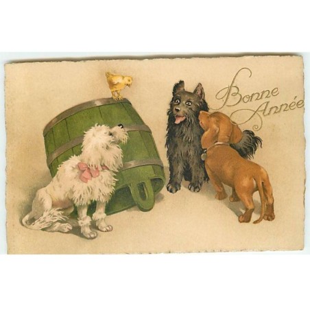 n°22869 - Bonne Année - Chiens regardant un poussin sur une barrique - Teckel