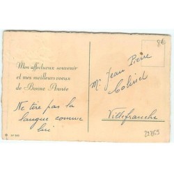 n°22869 - Bonne Année - Chiens regardant un poussin sur une barrique - Teckel