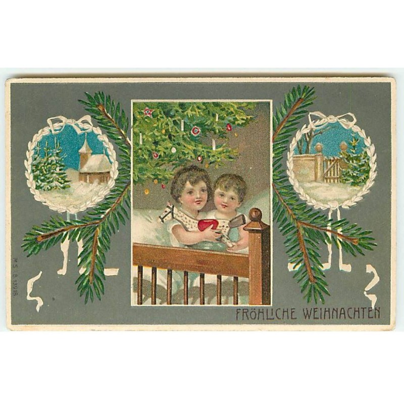 n°22871 - Carte Gaufrée - Noël - Fröhliche Weihnachten - Enfants câlinant un cheval en bois