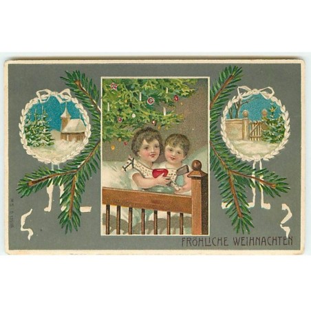 n°22871 - Carte Gaufrée - Noël - Fröhliche Weihnachten - Enfants câlinant un cheval en bois