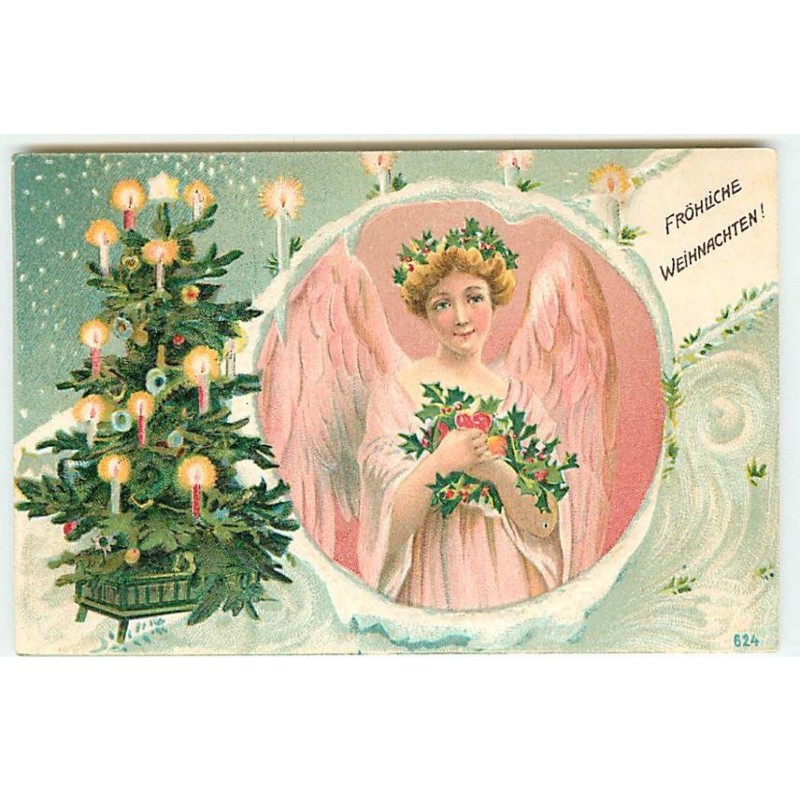 n°22872 - Carte Gaufrée - Noël - Fröhliche Weihnachten - Ange gardien portant du houx