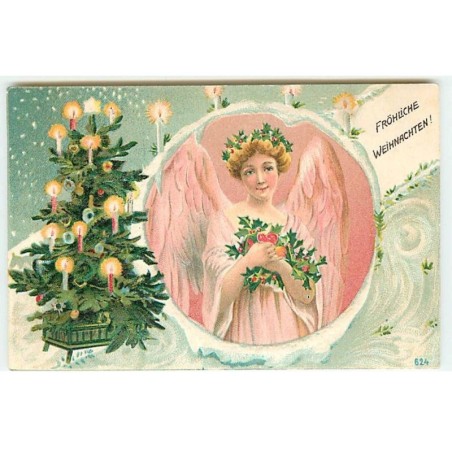 n°22872 - Carte Gaufrée - Noël - Fröhliche Weihnachten - Ange gardien portant du houx