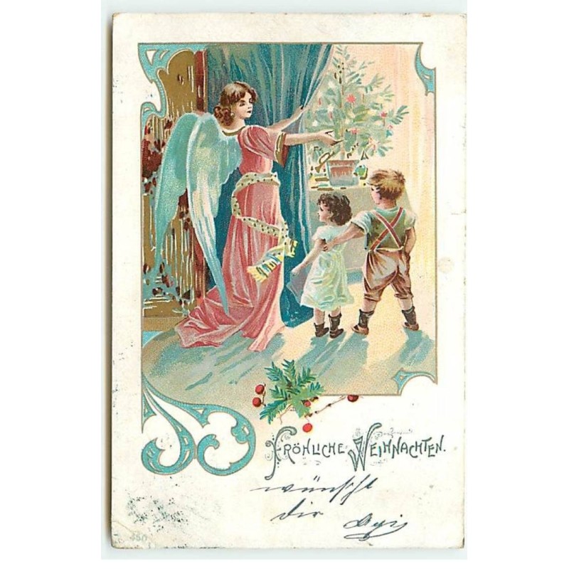 n°22873 - Noël - Fröhliche Weihnachten - Ange gardien montrant un sapin décoré à des enfants