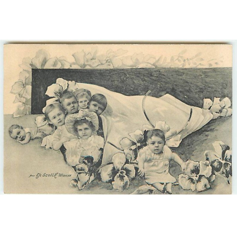 n°22881 - Fantaisie - Scolik - Bébés au milieu d'un bouquet de pensées