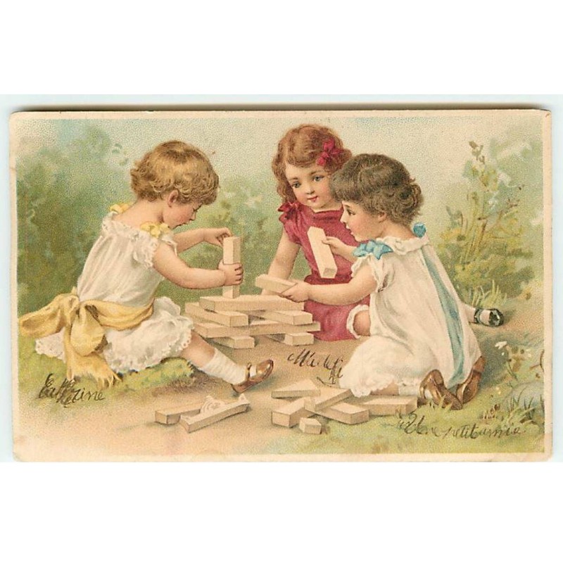 n°22884 - Fillette jouant avec des morceaux de bois style kapla