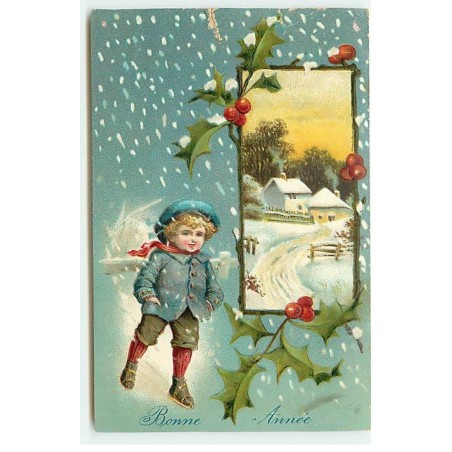 n°22891 - Carte Gaufrée - Clapsaddle - Bonne Année - Garçon près d'une maison enneigée