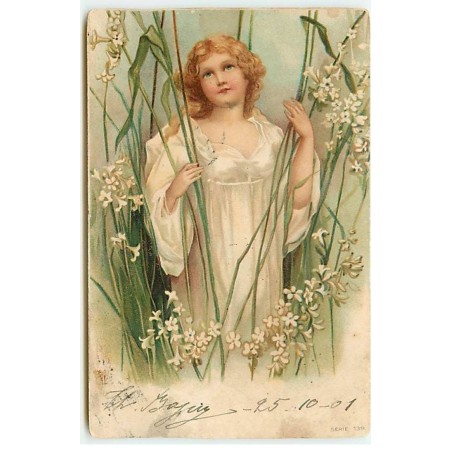 n°22895 - Fantaisie - Clapsaddle - Ange au milieu de fleurs, et de grandes herbes