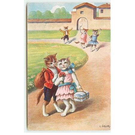 n°22904 - Illustrateur - C. Öhler - Chat contant fleurette à une chatte - Chats habillés