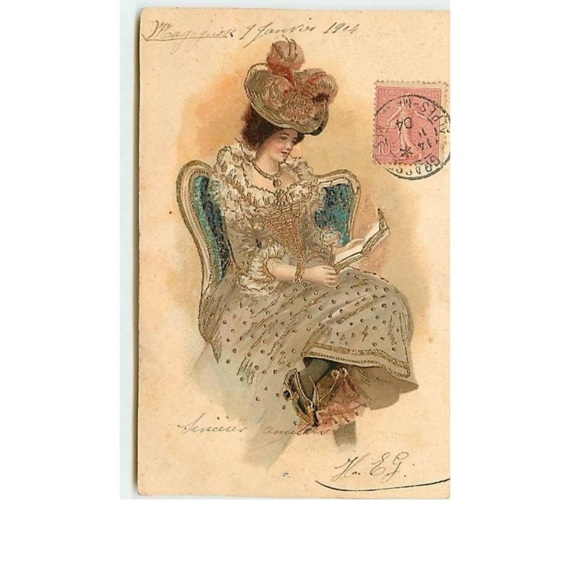 n°11548 - Carte Fantaisie - Femme en pleine lecture