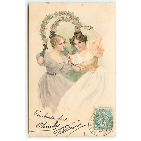 n°22908 - Illustrateur - MSM - Deux jeunes femmes dansant avec des couronnes de fleurs
