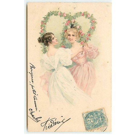 n°22909 - Illustrateur - MSM - Deux jeunes femmes dansant avec des couronnes de roses