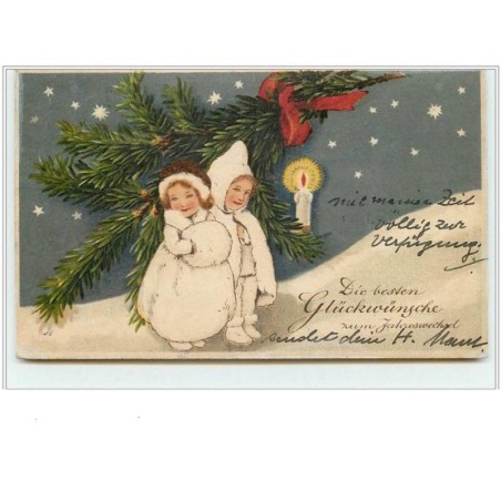n°2291 - Enfants sous une branche de sapin avec une bougie
