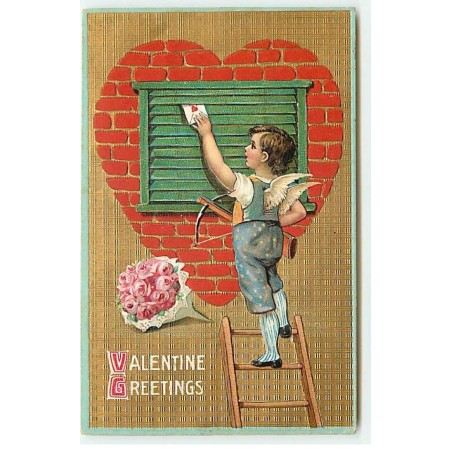 n°22916 - Carte Gaufrée - Valentine Greetings - Cupidon déposant une lettre via des persiennes