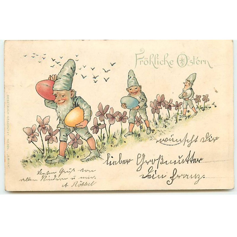 n°22918 - Pâques - Fröhliche Ostern - Nains portant des oeufs, marchant au milieu de violettes