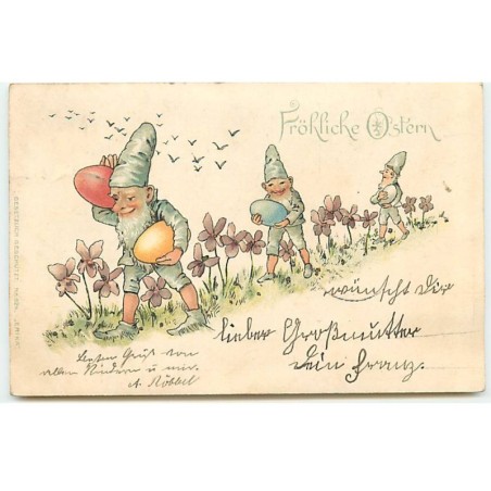 n°22918 - Pâques - Fröhliche Ostern - Nains portant des oeufs, marchant au milieu de violettes