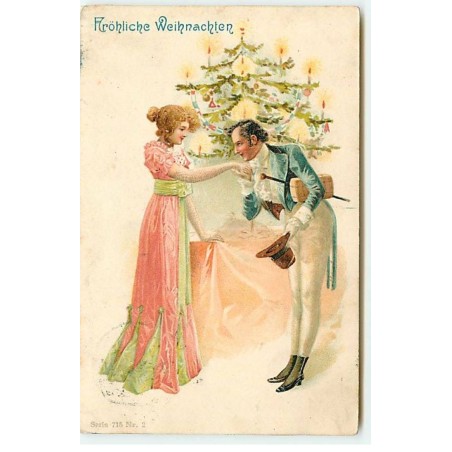 n°22924 - Fröhliche Weihnachten - Homme faisant le baise-main à une jeune femme près d'un sapin