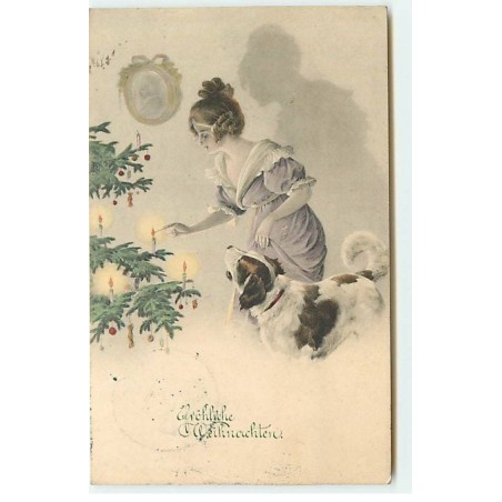 n°22925 - Fröhliche Weihnachten - Jeune femme allumant les bougies d'un sapin avec un chien