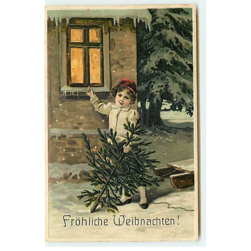n°22926 - Carte Gaufrée - Fröhliche Weihnachten - Enfant tenant un sapin et frappant à une fenêtre