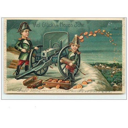n°10079 - Carte Fantaisie Gaufrée - Enfants et Canon à Pièces d'or