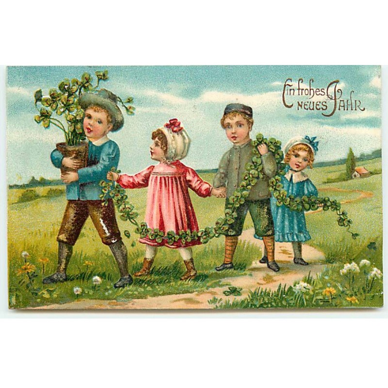 n°22931 - Carte Gaufrée - Nouvel An - Ein frohes Neues Jahr - Enfants tenant une guirlande de trèfles