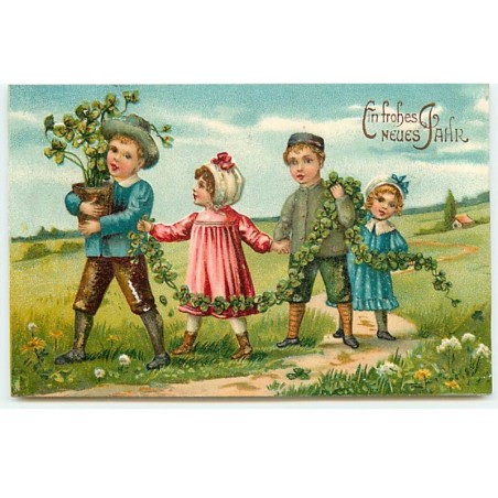 n°22931 - Carte Gaufrée - Nouvel An - Ein frohes Neues Jahr - Enfants tenant une guirlande de trèfles