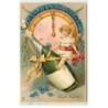 n°22934 - Carte Gaufrée - Prosit Neujahr - Fillette à califourchon sur une bouteille de champagne