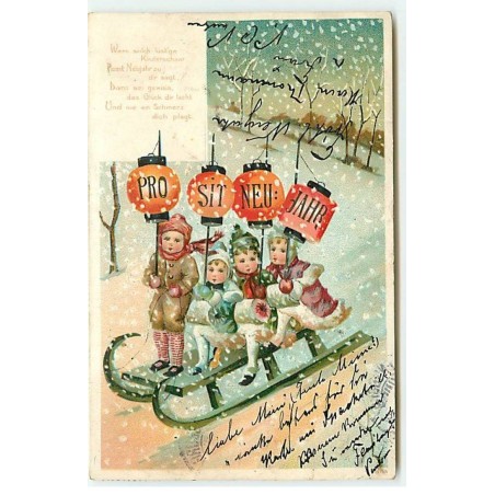 n°22935 - Carte Gaufrée - Prosit Neujahr - Enfants sur une luge portant des lampions