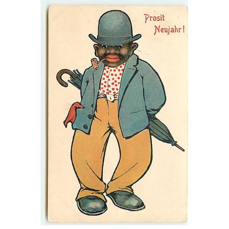 n°22936 - Prosit Neujahr - Homme noir portant un chapeau melon, tenant un parapluie et fumant la pipe