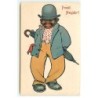 n°22936 - Prosit Neujahr - Homme noir portant un chapeau melon, tenant un parapluie et fumant la pipe
