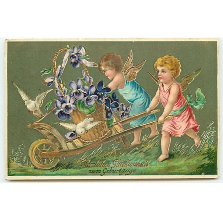 n°22938 - Fantaisie - Anges poussant une brouette, violettes