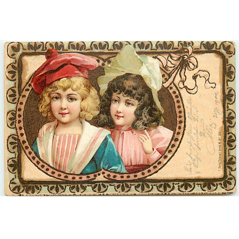 n°22940 - Fantaisie - Couple d'enfants dans un médaillon - Imitation bois