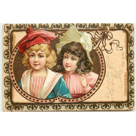 n°22940 - Fantaisie - Couple d'enfants dans un médaillon - Imitation bois